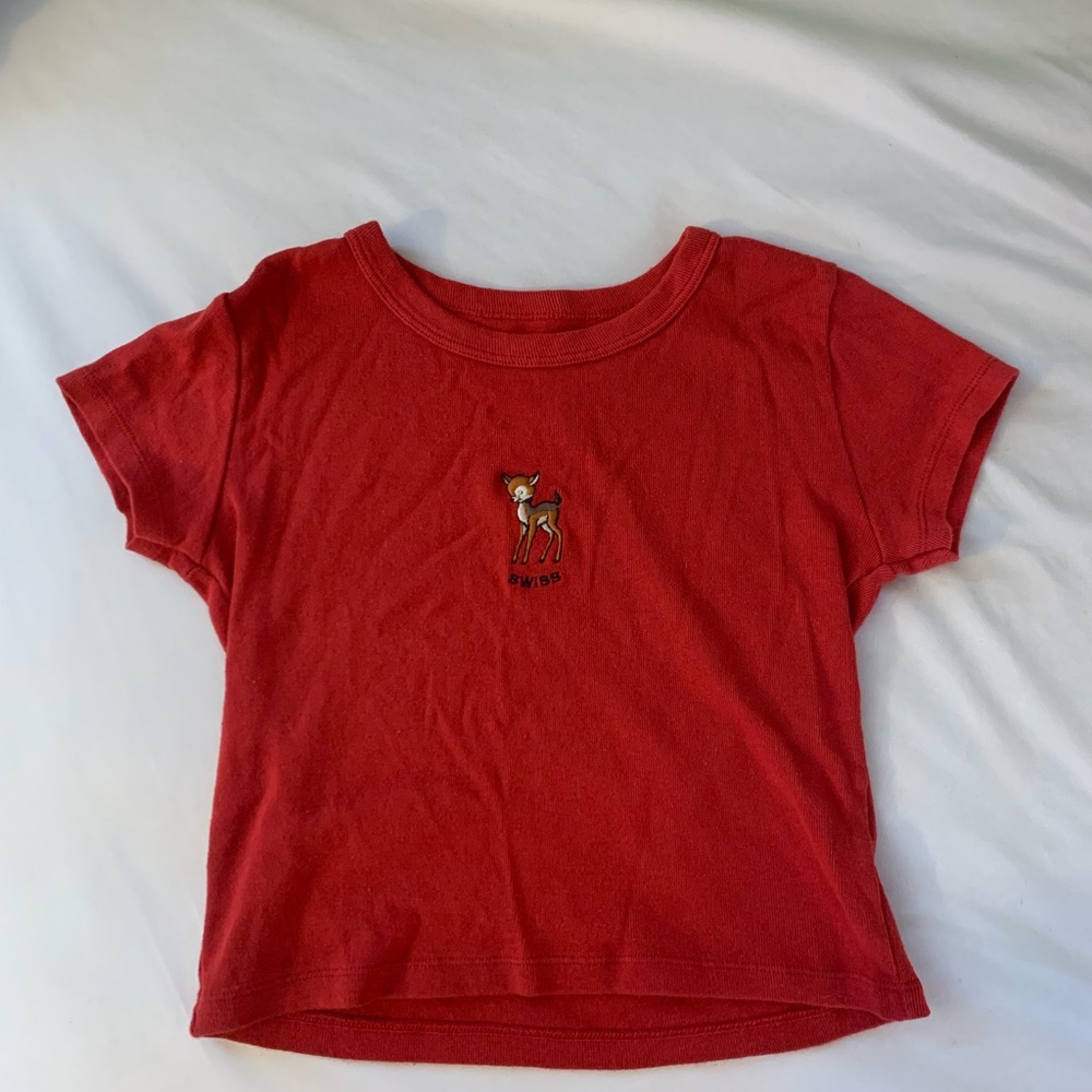 Red John Galt Baby Tee with Embroidered Design